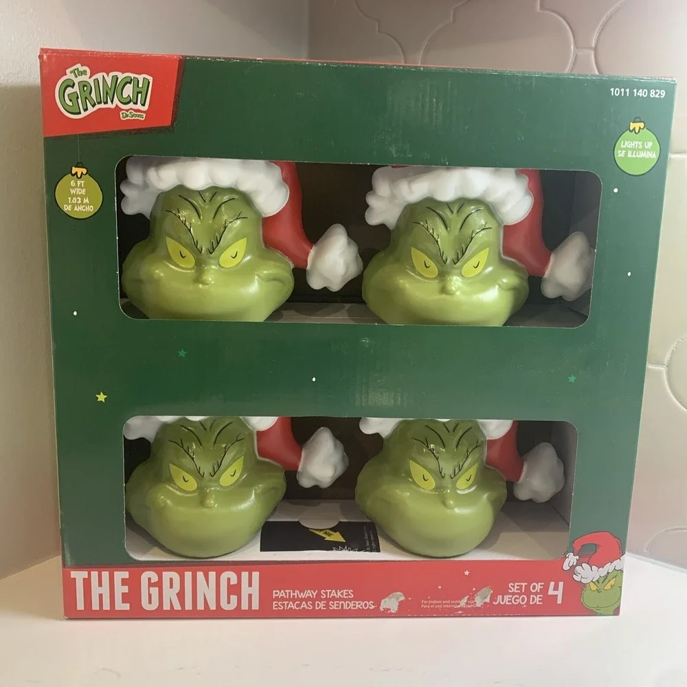 LED (4 Count) Christmas Grinch With Santa Hat Battery-Operated Pathway Stakes